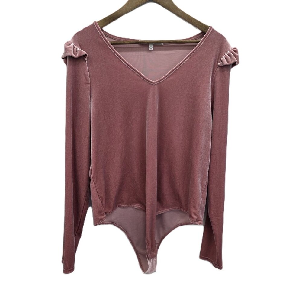 Celebrity Pink Mauve Velvet Bodysuit XXL Long Sleeve Ruffle Shoulder Snap Bottom